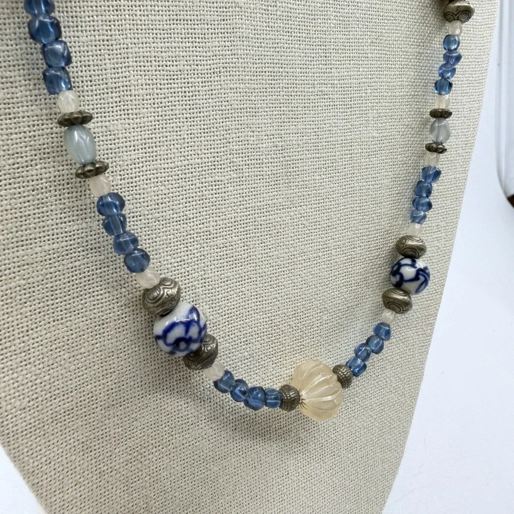Blue White Porcelain Floral Bead Necklace Carved Acrylic Boho Statement Gift